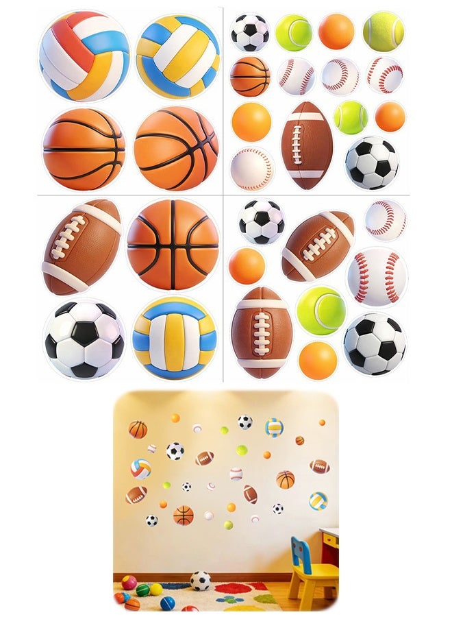 4 Sheets Creative Sports Ball Wall Stickers, Football Basketball Volleyball Rugby PVC Self-Adhesive Decals for Kids Room Living Room Dormitory Background Wall Decor - Image 1