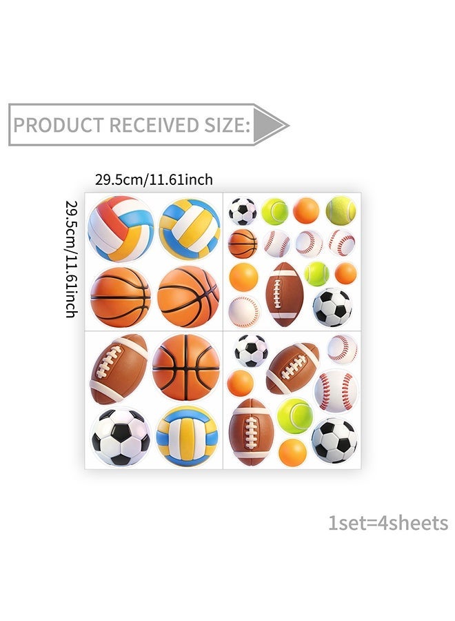 4 Sheets Creative Sports Ball Wall Stickers, Football Basketball Volleyball Rugby PVC Self-Adhesive Decals for Kids Room Living Room Dormitory Background Wall Decor - Image 2