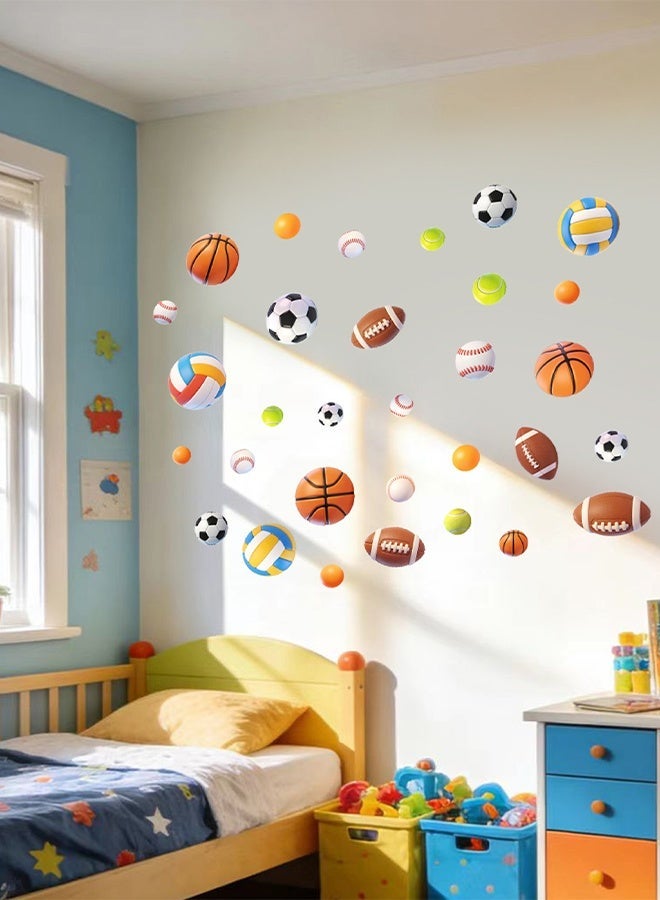 4 Sheets Creative Sports Ball Wall Stickers, Football Basketball Volleyball Rugby PVC Self-Adhesive Decals for Kids Room Living Room Dormitory Background Wall Decor - Image 3