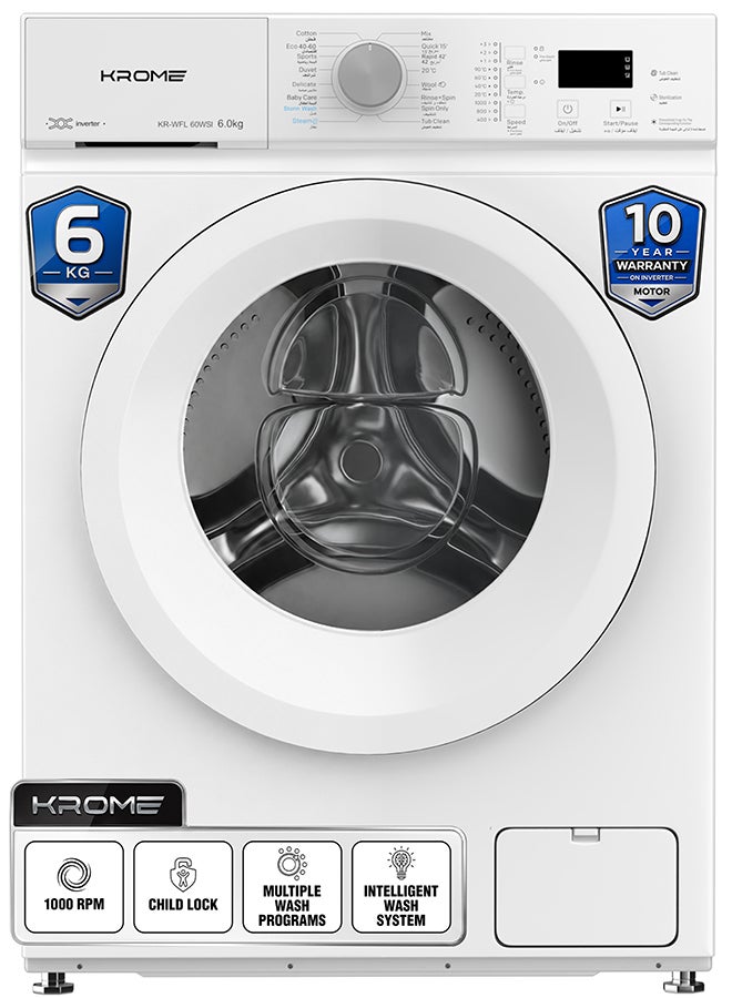 كروم غسالة ملابس أمامية 6 كجم مع محرك عاكس BLDC، 16 برنامج غسيل وسرعة دوران 1000 دورة في الدقيقة، أسطوانة من الفولاذ المقاوم للصدأ - Image 1