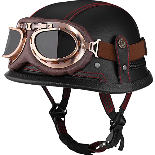Yesmotor Motorcycle Half Helmet Retro German Handmade Leather Half Face Quick Release Buckle Goggles DOT Approved Black Red Line L