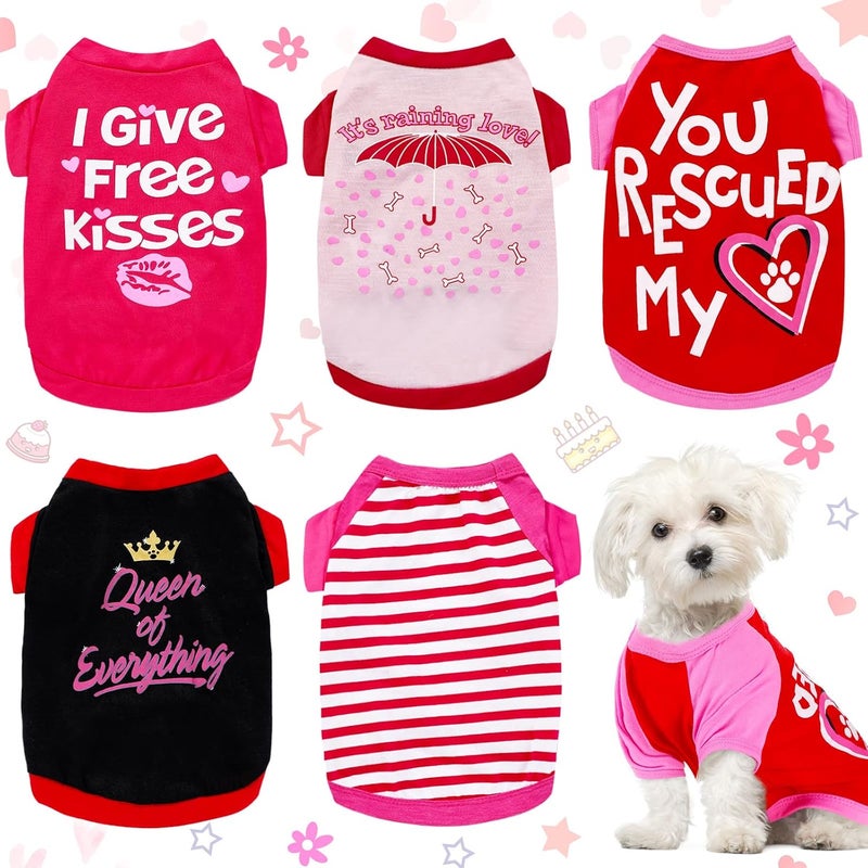 Weewooday 5 Pieces Dog Valentine Shirt Breathable Pet T-Shirt Printed Valentine Day Kiss Heart Pink Cute Dog Puppy Clothes Vest Dog Apparel Costume for Small Dog Cat (Medium) - Image 1