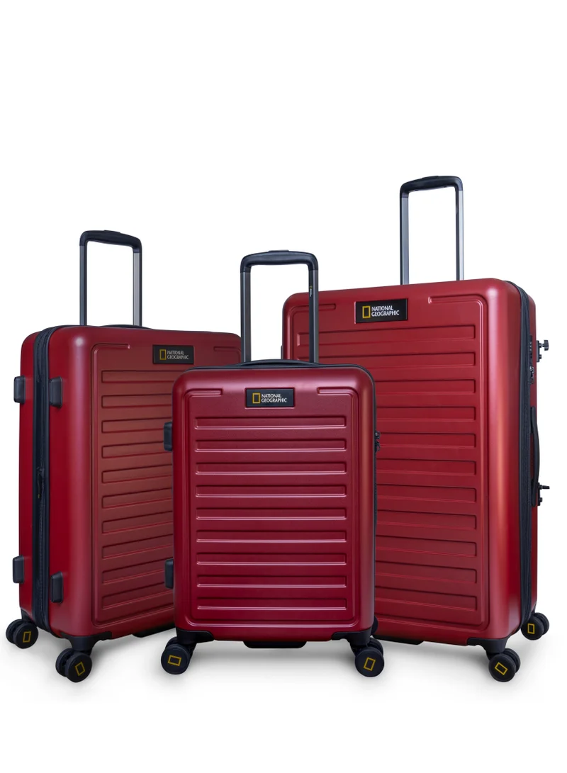 NATIONAL GEOGRAPHIC National Geographic Cruise 100% PC Hardshell Suitcase Set, Durable Lightweight  TSA Combination Lock Travel Luggage, 4 Quite Spinner Wheel, 3pcs Trolley Bag (20+24+28 Inch) Burgundy.