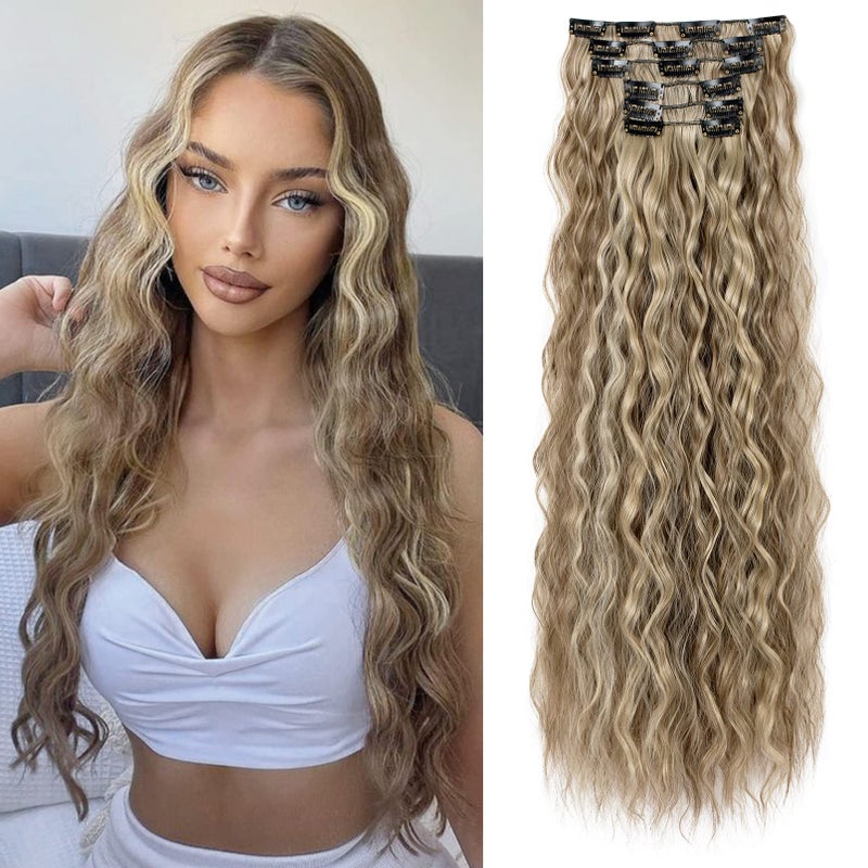 LONAI Clip In Hair Extensions 6PCS Curly 24 Long Synthetic Clip On Hairpiece For Women Cool Brown with Blonde Highlights