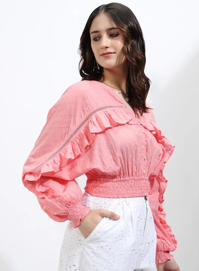 Tokyo Talkies Tokyo Talkies Dobby Batwing Sleeve Ruffle Detail Crop Top
