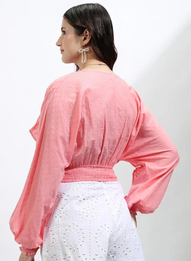 Tokyo Talkies Tokyo Talkies Dobby Batwing Sleeve Ruffle Detail Crop Top