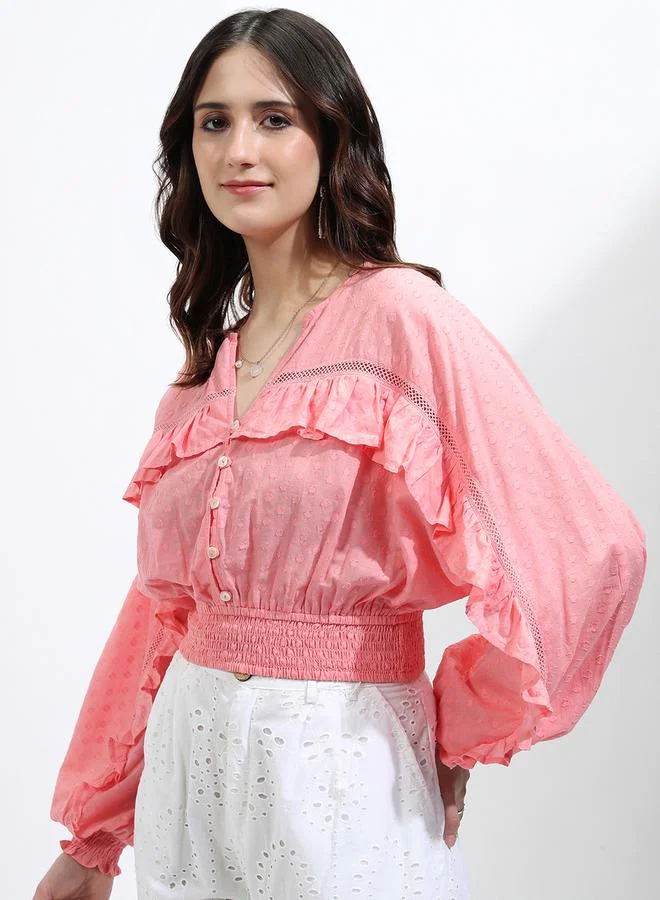 Tokyo Talkies Tokyo Talkies Dobby Batwing Sleeve Ruffle Detail Crop Top