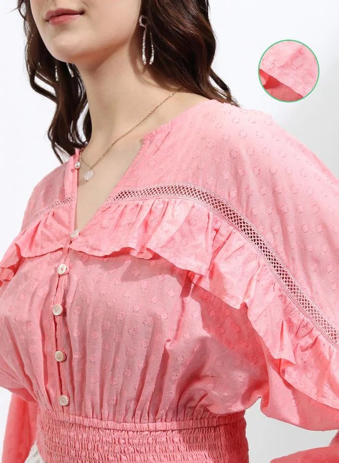 Tokyo Talkies Tokyo Talkies Dobby Batwing Sleeve Ruffle Detail Crop Top