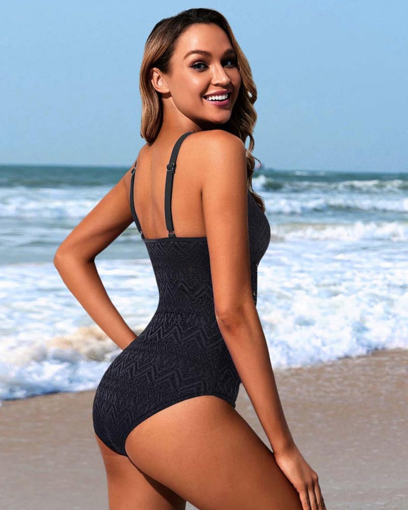 Holipick Black Crochet Tummy Control One Piece Swimsuit Modest Bathing Suit High Neck Full Coverage Swimwear L - Image 3