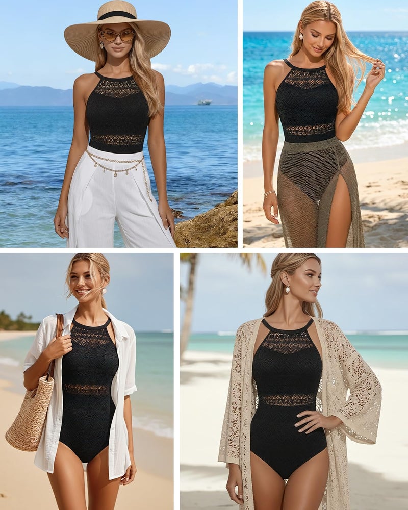 Holipick Black Crochet Tummy Control One Piece Swimsuit Modest Bathing Suit High Neck Full Coverage Swimwear L - Image 4