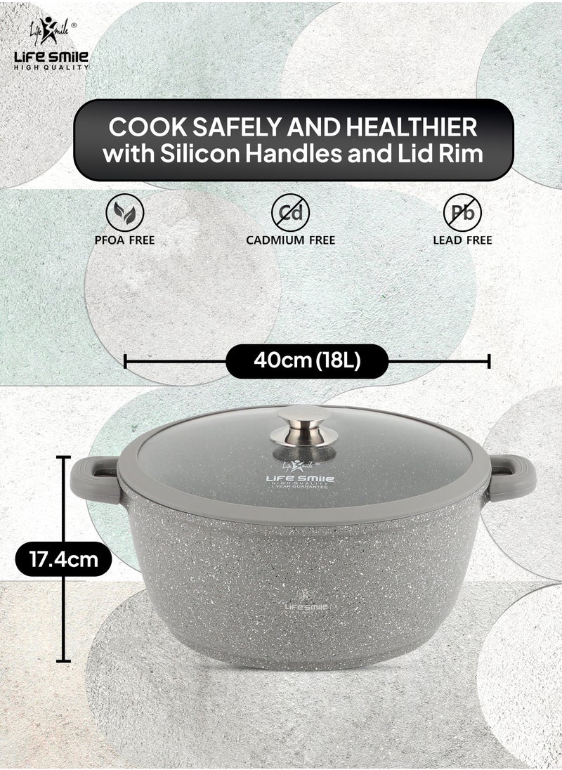 Life Smile - 40cm (18 Liter)  Cooking Pot - Multi Layer Non Stick Granite Stock Pot 100% PFOA Free - Soup Pot with Glass Lid With Silicone Rim - Detachable Silicone Handles - oven safe (Grey) - Image 1