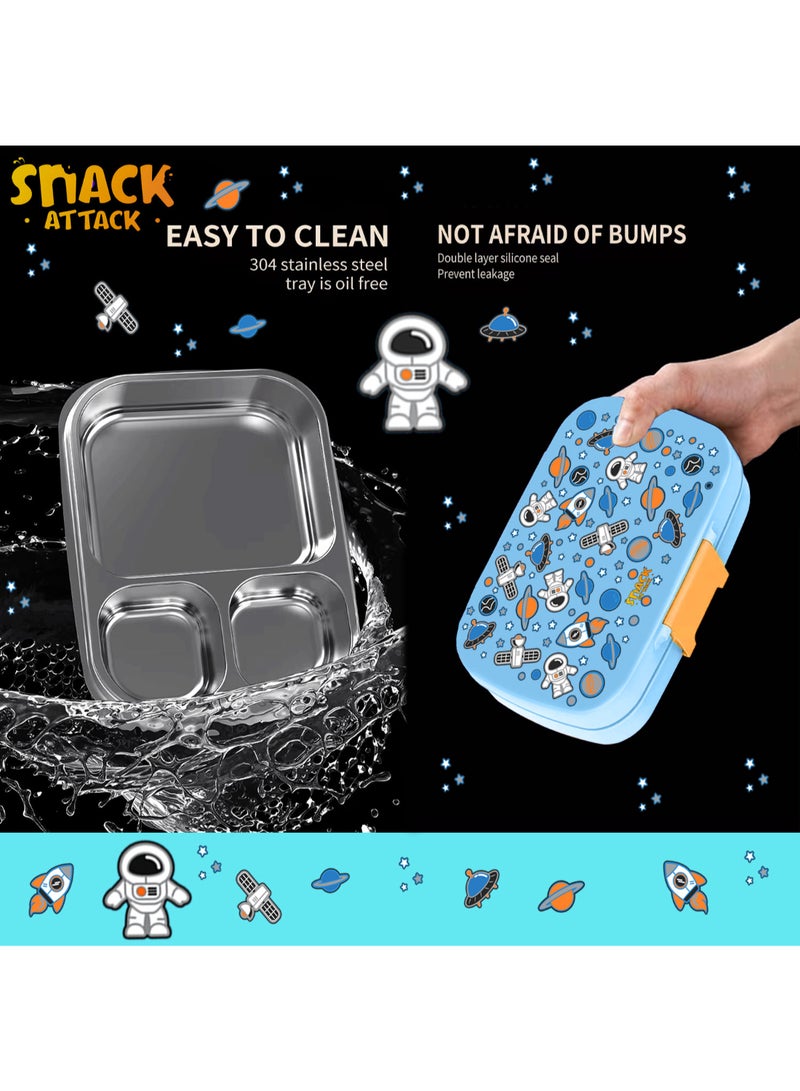 Snack attack Kids Bento Lunch Box with Spoon & Fork – Leakproof 3-Compartment Stainless Steel Lunchbox for Boys & Girls – BPA-Free, Cute Cartoon Design, Easy to Open, Ideal for School & Daycare Astro theme - Image 3
