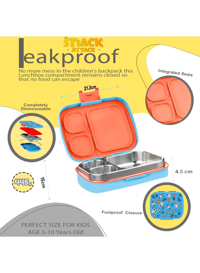 Snack attack Kids Bento Lunch Box with Spoon & Fork – Leakproof 3-Compartment Stainless Steel Lunchbox for Boys & Girls – BPA-Free, Cute Cartoon Design, Easy to Open, Ideal for School & Daycare Astro theme - Image 2