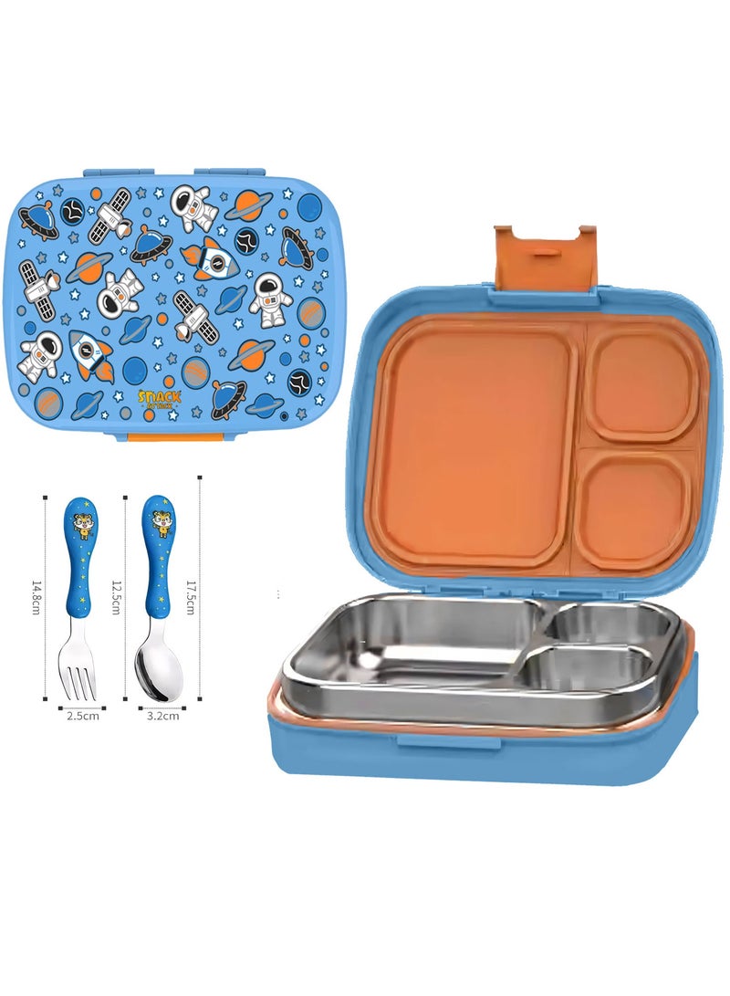 Snack attack Kids Bento Lunch Box with Spoon & Fork – Leakproof 3-Compartment Stainless Steel Lunchbox for Boys & Girls – BPA-Free, Cute Cartoon Design, Easy to Open, Ideal for School & Daycare Astro theme - Image 1