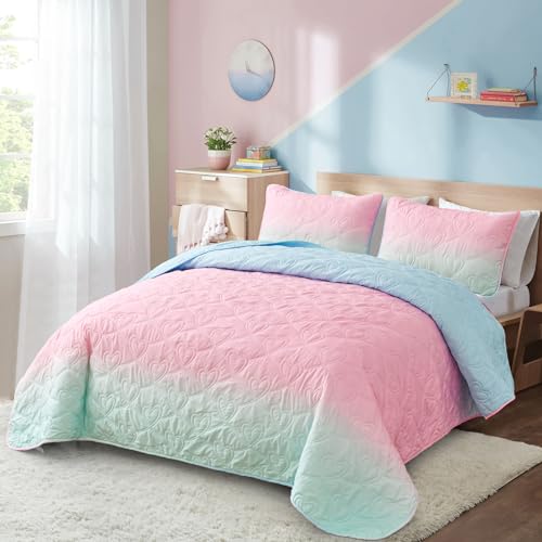 Xruibed Pink Quilt Set Queen Ombre Blue Pink Mint Quilt Sets Kids Girls Bedding Set 3PCs Summer Reversible Lightweight Microfiber Bedspread Coverlet Sets for All Season 96x90 - Image 3