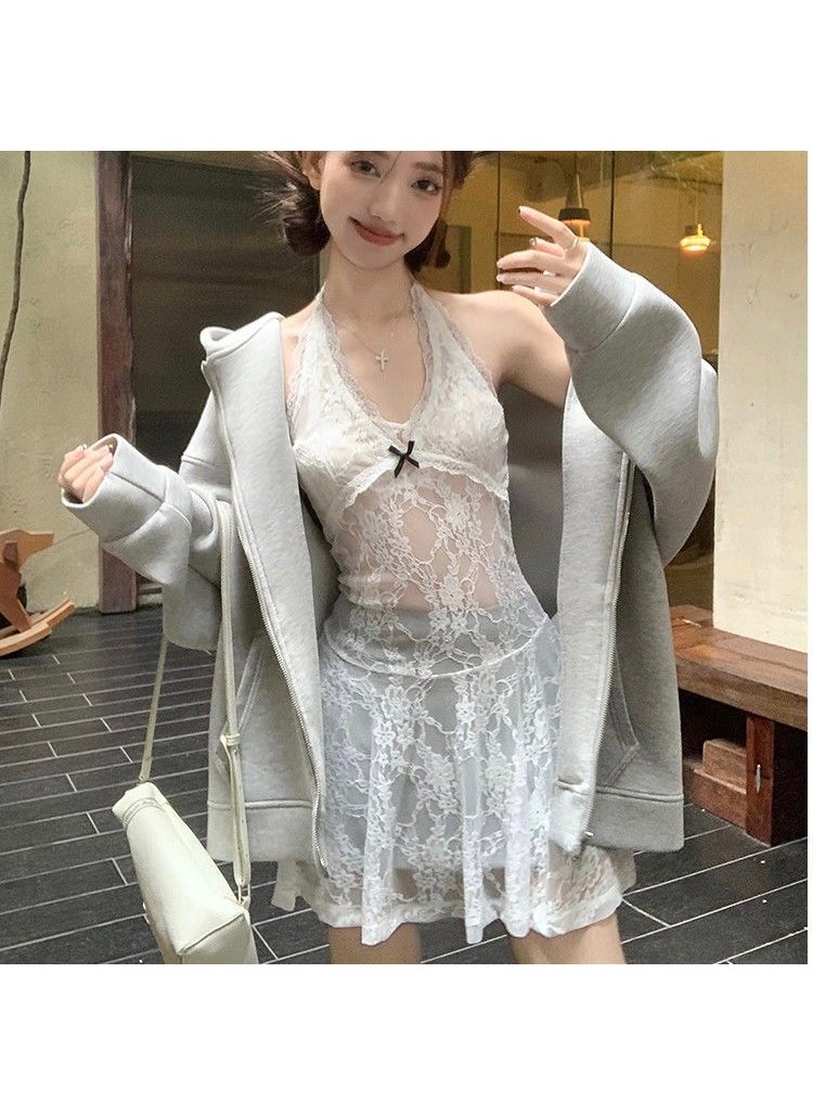 Generic Versatile Vintagelace Halter Neck Dress Womens Fashion Layered Necklace Strapless Base Layer Dress For All Seasons White halter neck long style [high quality] 