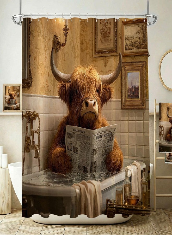 Mocsicka Highland Cow Shower Curtain Funny Highland Cow Reading Newspapers Bathroom Shower Curtain Highland Cattle Waterproof Fabric Shower Curtains Bathtub Decor with 12 Hooks 72 X 72 Inch - Image 1