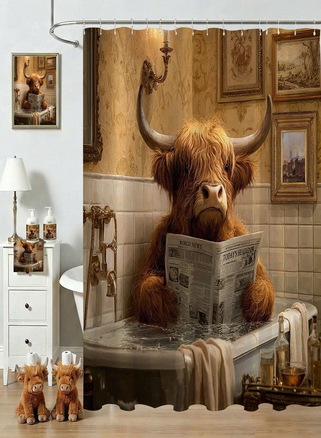 Mocsicka Highland Cow Shower Curtain Funny Highland Cow Reading Newspapers Bathroom Shower Curtain Highland Cattle Waterproof Fabric Shower Curtains Bathtub Decor with 12 Hooks 72 X 72 Inch - Image 2