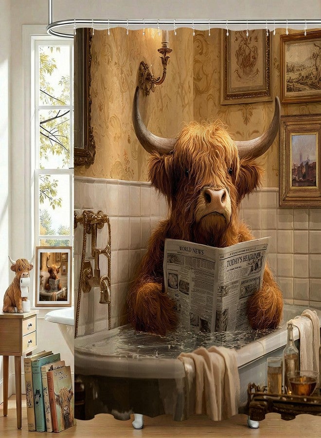 Mocsicka Highland Cow Shower Curtain Funny Highland Cow Reading Newspapers Bathroom Shower Curtain Highland Cattle Waterproof Fabric Shower Curtains Bathtub Decor with 12 Hooks 72 X 72 Inch - Image 3