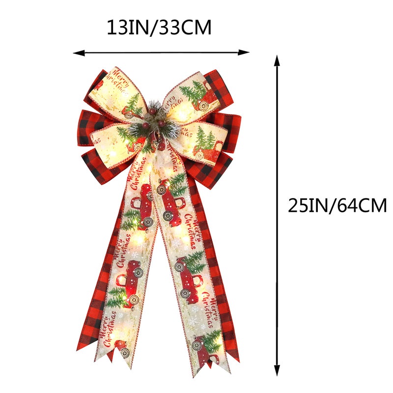 Hongsome Christmas Tree Topper Bow with 30 LED Lights Decorations, 13â€x25â€ Xmas Large Red Black Buffalo Plaid Rustic Farmhouse Wreath Bows with Truck Berries Pine Cones Pine Needles for Front Door Outdoor - Image 3