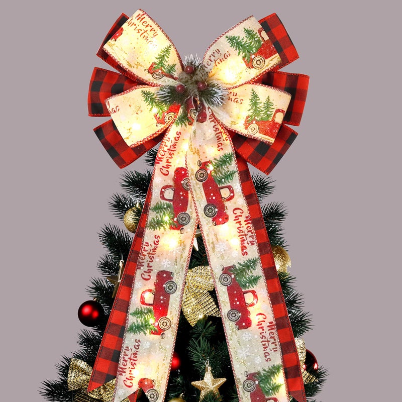 Hongsome Christmas Tree Topper Bow with 30 LED Lights Decorations, 13â€x25â€ Xmas Large Red Black Buffalo Plaid Rustic Farmhouse Wreath Bows with Truck Berries Pine Cones Pine Needles for Front Door Outdoor - Image 1