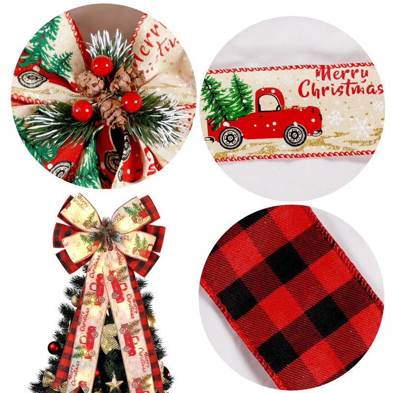 Hongsome Christmas Tree Topper Bow with 30 LED Lights Decorations, 13â€x25â€ Xmas Large Red Black Buffalo Plaid Rustic Farmhouse Wreath Bows with Truck Berries Pine Cones Pine Needles for Front Door Outdoor - Image 4