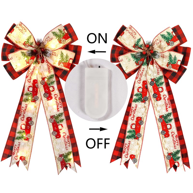 Hongsome Christmas Tree Topper Bow with 30 LED Lights Decorations, 13â€x25â€ Xmas Large Red Black Buffalo Plaid Rustic Farmhouse Wreath Bows with Truck Berries Pine Cones Pine Needles for Front Door Outdoor - Image 5