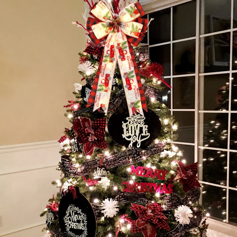 Hongsome Christmas Tree Topper Bow with 30 LED Lights Decorations, 13â€x25â€ Xmas Large Red Black Buffalo Plaid Rustic Farmhouse Wreath Bows with Truck Berries Pine Cones Pine Needles for Front Door Outdoor - Image 2