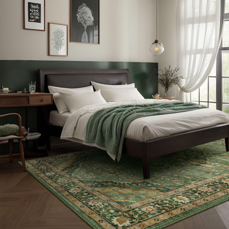Green Rug 5x8 Area Rugs for Bedroom Washable Rugs Boho Vintage 5x8 Rug for Living Room Carpet NonSlip Family Pet Friendly Print Floor RugBorder Green