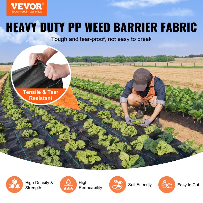 VEVOR Weed Barrier Landscape Fabric, 3*100FT Heavy Duty Garden Weed Fabric, Woven PP Weed Control Fabric, Driveway Fabric, Geotextile Fabric for Landscaping, Ground Cover, Weed Blocker Weed Mat, Black - Image 2