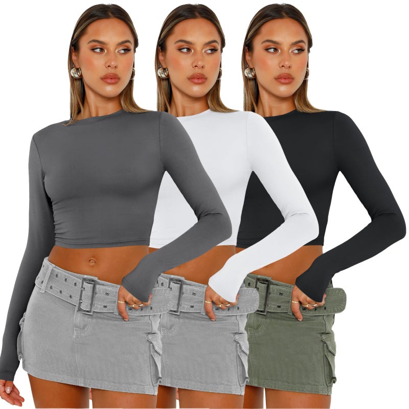 AUTOMET 3 Pack Womens Long Sleeve Shirts Y2K Going Out Crop Tops Cute Basic Slim Fitted Fall Fashion Outfits 2026 Clothes GreyWhiteBlack XL - Image 2