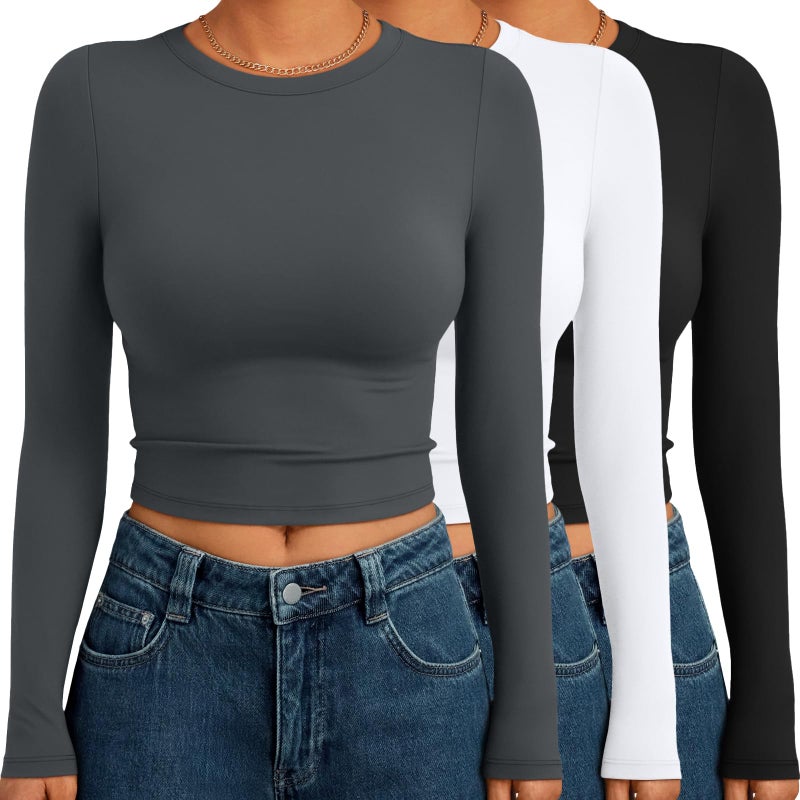 AUTOMET 3 Pack Womens Long Sleeve Shirts Y2K Going Out Crop Tops Cute Basic Slim Fitted Fall Fashion Outfits 2026 Clothes GreyWhiteBlack XL - Image 1