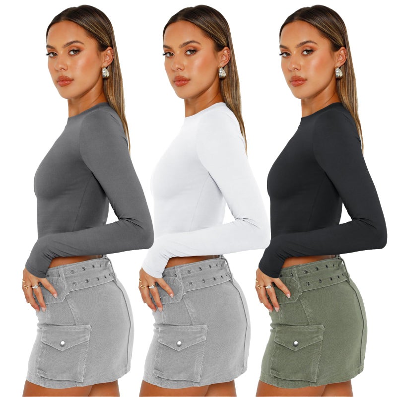 AUTOMET 3 Pack Womens Long Sleeve Shirts Y2K Going Out Crop Tops Cute Basic Slim Fitted Fall Fashion Outfits 2026 Clothes GreyWhiteBlack XL - Image 3