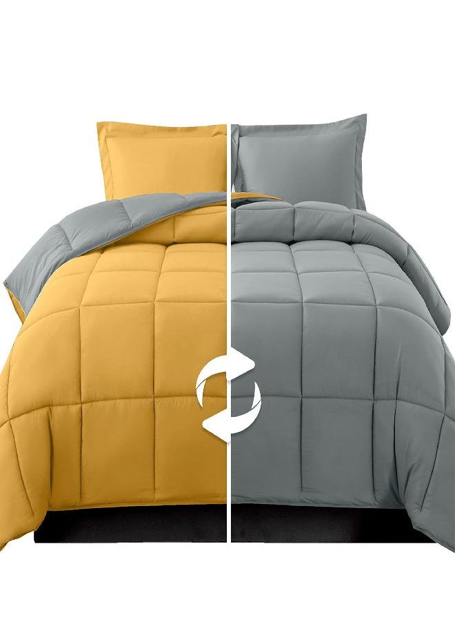 Elegant Comfort Elegant Comfort 3-Piece Reversible Comforter Set, All Season Cozy, Soft Down Alternative, Quilted - Box Stitched - Duvet Insert with 4 Corner Tabs, Comforter with Shams, Cali King, Yellow/Gray  - Image 1