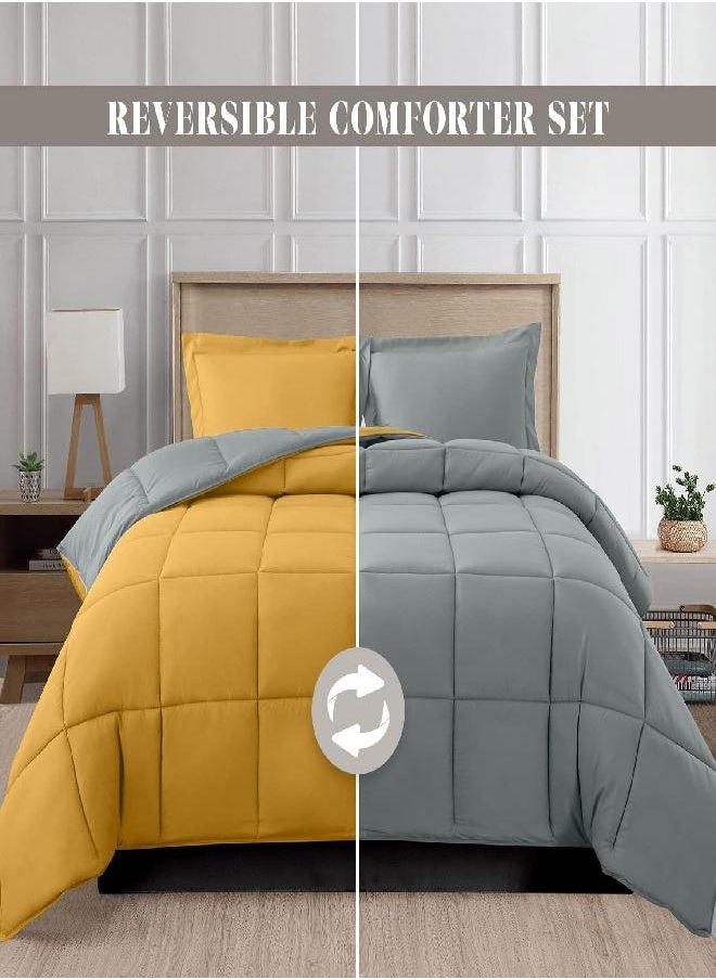 Elegant Comfort Elegant Comfort 3-Piece Reversible Comforter Set, All Season Cozy, Soft Down Alternative, Quilted - Box Stitched - Duvet Insert with 4 Corner Tabs, Comforter with Shams, Cali King, Yellow/Gray  - Image 2