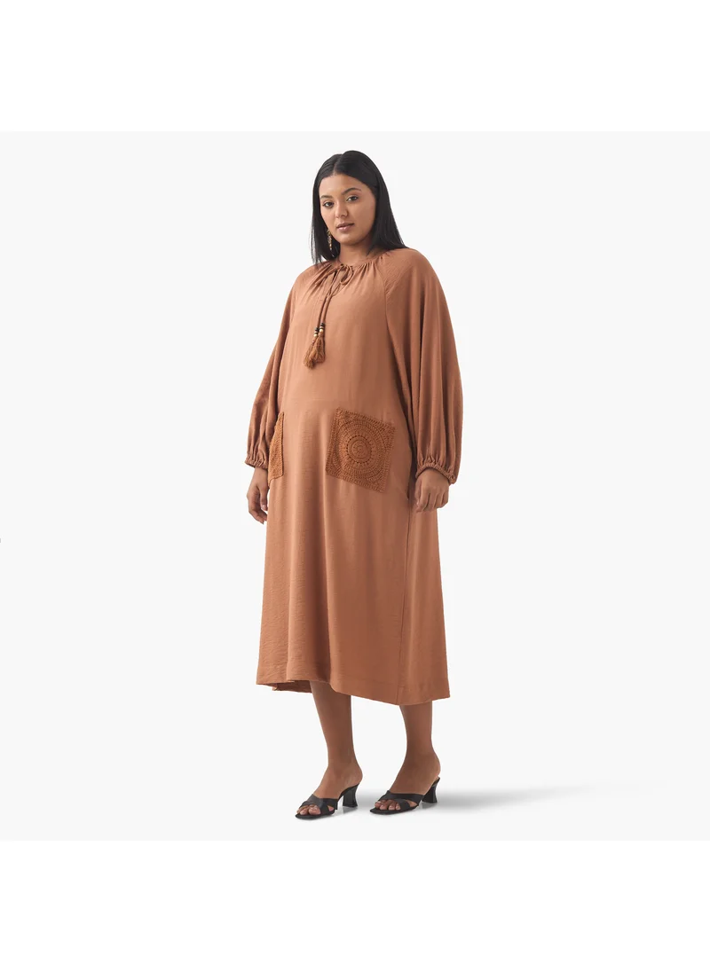  أولا بوبكن Plus Size Ulla Popken Crochet Pocket Dress with Tie-Up Neck