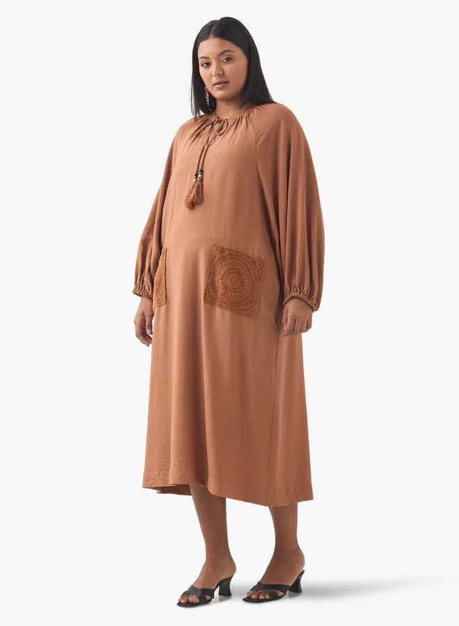 Ulla Popken Plus Size Ulla Popken Crochet Pocket Dress with Tie-Up Neck