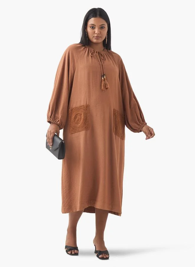 Ulla Popken Plus Size Ulla Popken Crochet Pocket Dress with Tie-Up Neck