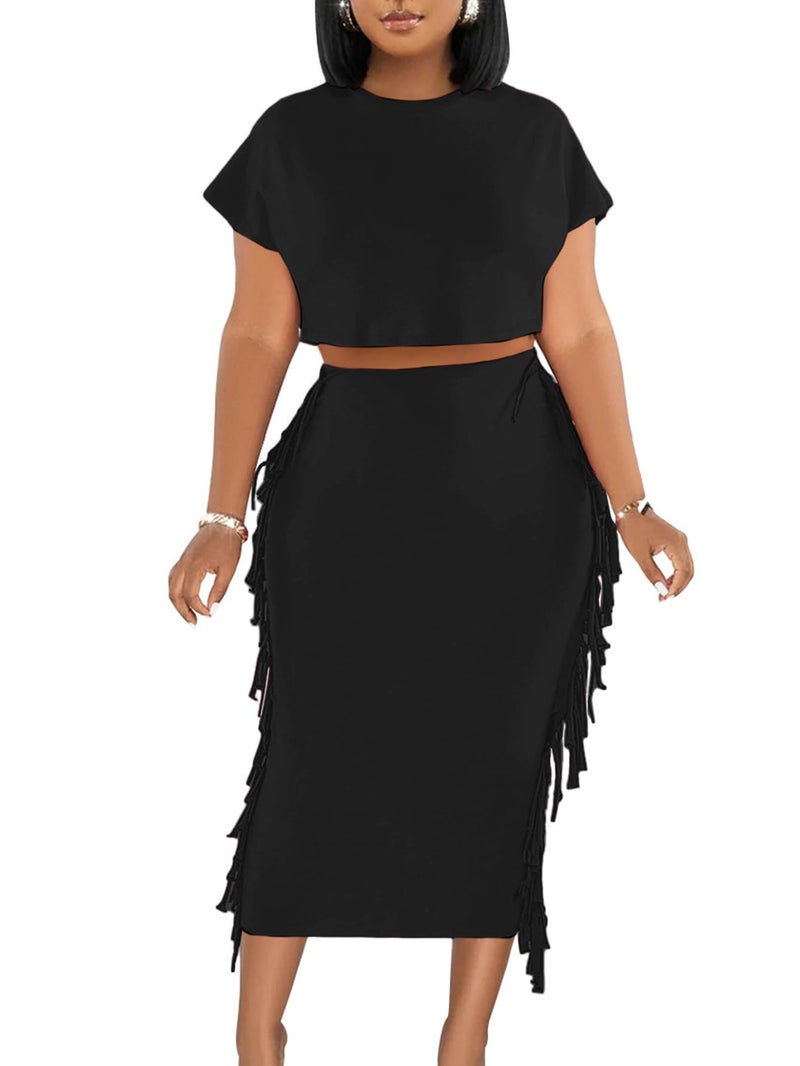 LYANER Women's 2 Piece Outfits Crew Neck Fringe Short Sleeve Crop Top and Tassel Trim Bodycon Midi Skirt Set Solid Black Medium - Image 1