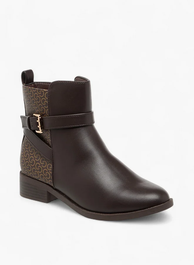Celeste Women's Monogram Print Ankle Boots with Block Heels and Zip Closure