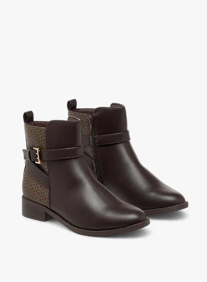 Celeste Women's Monogram Print Ankle Boots with Block Heels and Zip Closure