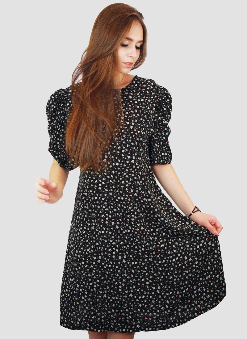 Kidwala Women'S Short Floral Print Dress, Puff Sleeves Black Dress, Elbow Sleeve Length, Tear Drop String Back Neckline With Front Round Neckline, Evening Ladies Dress - Image 1