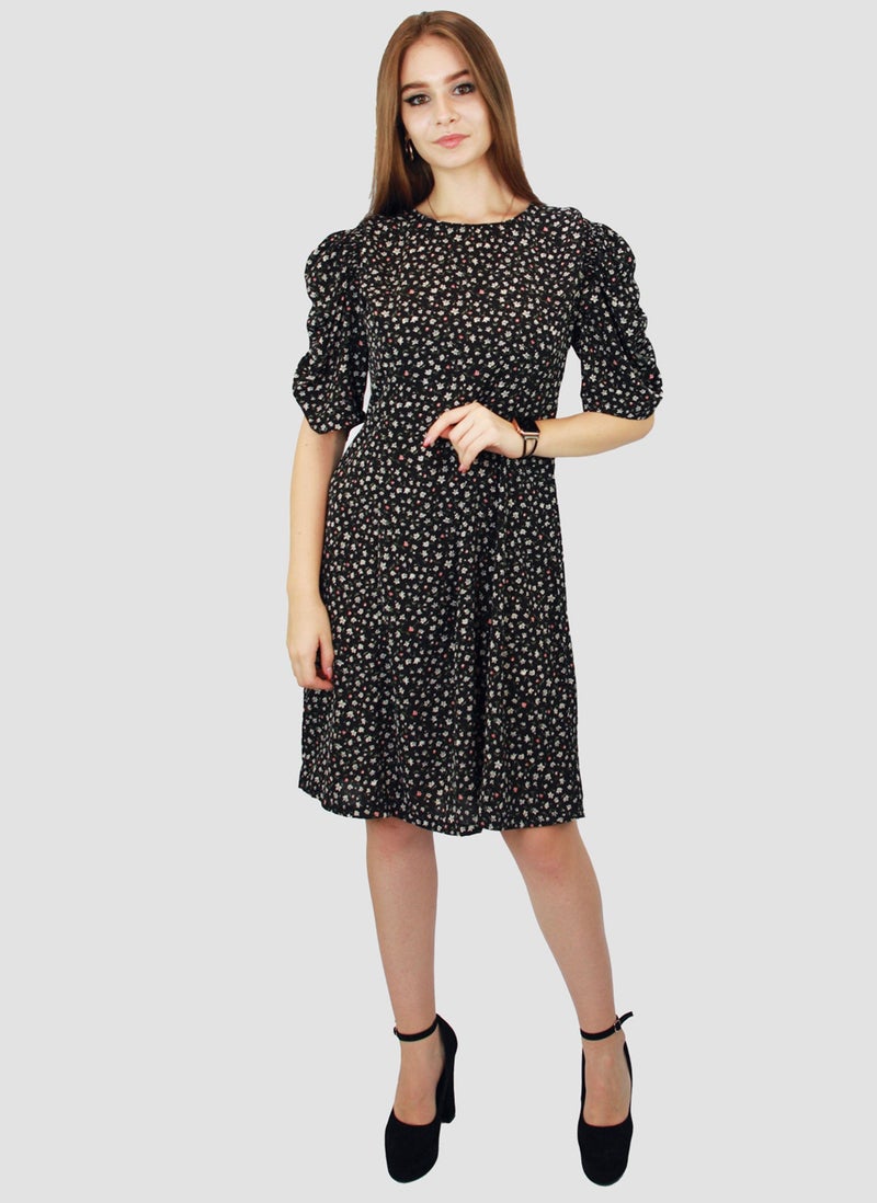 Kidwala Women'S Short Floral Print Dress, Puff Sleeves Black Dress, Elbow Sleeve Length, Tear Drop String Back Neckline With Front Round Neckline, Evening Ladies Dress - Image 3