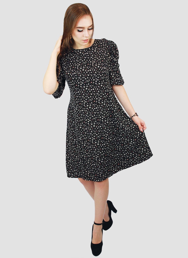 Kidwala Women'S Short Floral Print Dress, Puff Sleeves Black Dress, Elbow Sleeve Length, Tear Drop String Back Neckline With Front Round Neckline, Evening Ladies Dress - Image 2