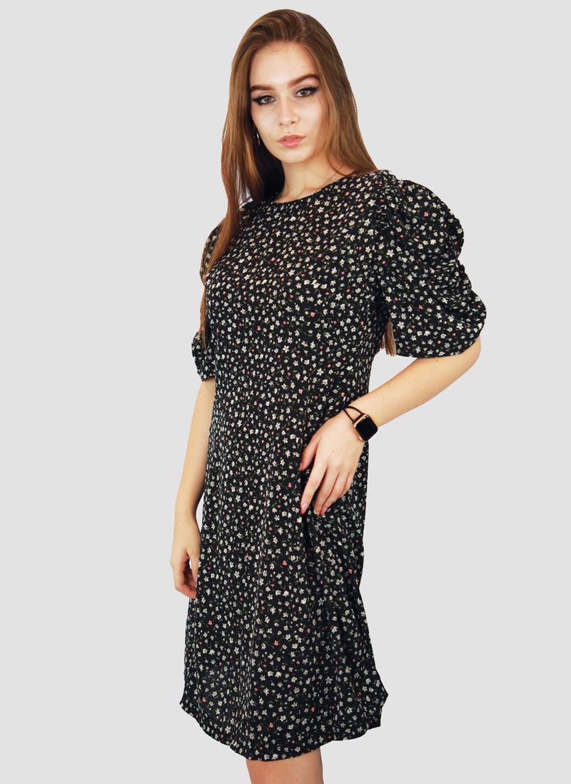Kidwala Women'S Short Floral Print Dress, Puff Sleeves Black Dress, Elbow Sleeve Length, Tear Drop String Back Neckline With Front Round Neckline, Evening Ladies Dress - Image 4