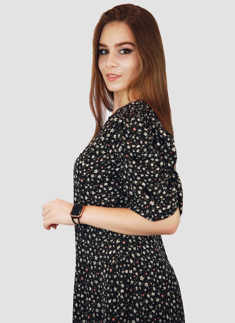 Kidwala Women'S Short Floral Print Dress, Puff Sleeves Black Dress, Elbow Sleeve Length, Tear Drop String Back Neckline With Front Round Neckline, Evening Ladies Dress - Image 5