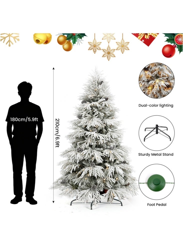 GGEROU شجرة عيد الميلاد الاصطناعية المغطاة بالثلج مسبقة الإضاءة 6.9 قدم/2.1 متر مع 1490 نصيحة من PE PVC، أبيض دافئ وأبيض بارد، سهلة التجميع، شجرة عيد الميلاد مفصلية مسبقة الإضاءة مع قاعدة معدنية - Image 3