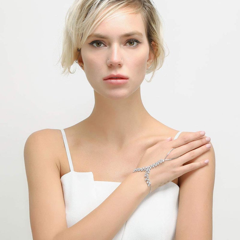 Mytys Fashion Cubic Zirconia Chain Silver Bracelet Cluster CZ Palm Chain Bracelet with Ring Hand Harness Bangle Style 1 - Image 2