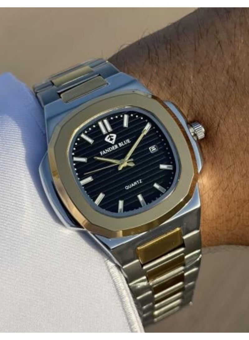 Men's watch with a gold-silver steel strap and a black dial