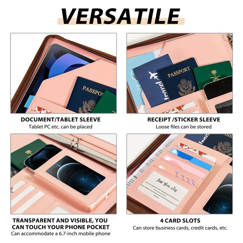 Ospelelf Leather Clipboard with Storage, Zippered Padfolio Portfolio Organizer, 3 Ring Binder 1 Inch, Notepad, Tablet Sleeve, 5 Dividers with Pocket, Stickets for Office, Nurses, Students, Teachers Rose Gold - Image 4